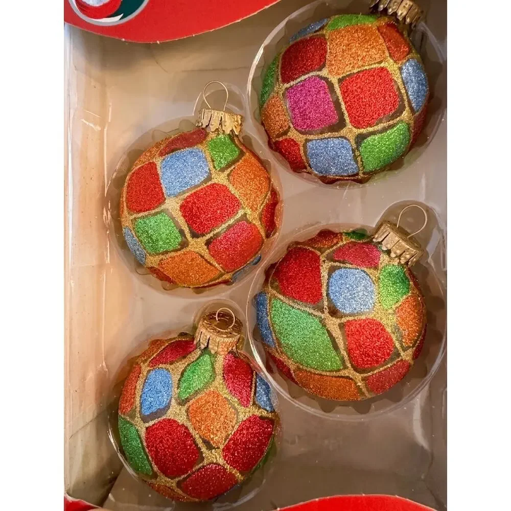 Vintage Santa's Glass by Krebs Stained Glass Glitter Ornaments Set of 4 USA Made